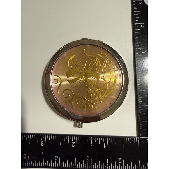 Other - Mallorca Spain Souvenir Compact Mirror Butterfly Iridescent Pink Silver Tone